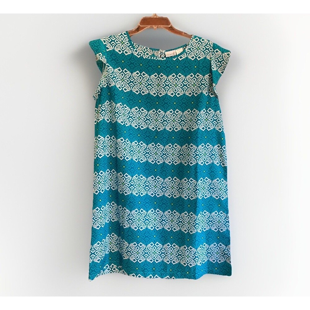 All For Color Womens M Teal White Geometric Flutter Sleeve Shift Dress Resort